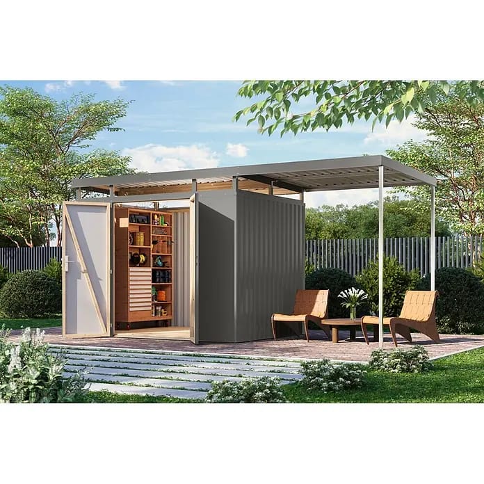 Karibu Gerätehaus Aurum 3 mit Anbaudach (Außenmaß inkl. Dachüberstand (B x T): 502,5 x 215 cm, Metall, Graualuminium)