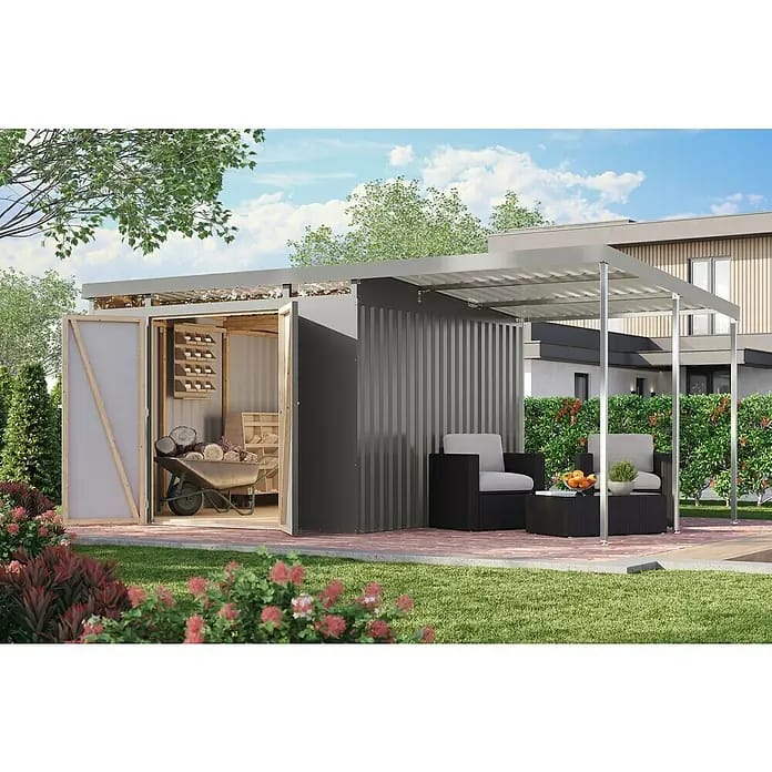 Karibu Gerätehaus Iridium 3,5 mit Anbaudach (Außenmaß inkl. Dachüberstand (B x T): 502,5 x 298 cm, Metall, Graualuminium)