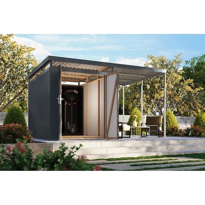 Karibu Gerätehaus Aurum 2,5 mit Anbaudach (Außenmaß inkl. Dachüberstand (B x T): 420 x 298 cm, Metall, Anthrazit)