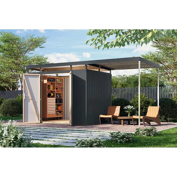 Karibu Gerätehaus Aurum 3 mit Anbaudach (Außenmaß inkl. Dachüberstand (B x T): 502,5 x 215 cm, Metall, Anthrazit)