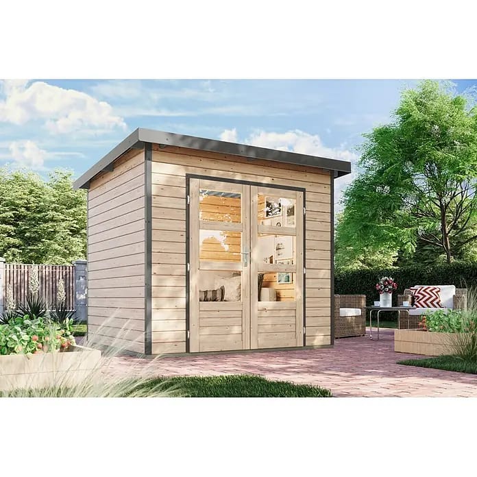 Karibu Gartenhaus Pluto 2 A (Außenmaß inkl. Dachüberstand (B x T): 267 x 228 cm, Holz, Naturbelassen/Grau)