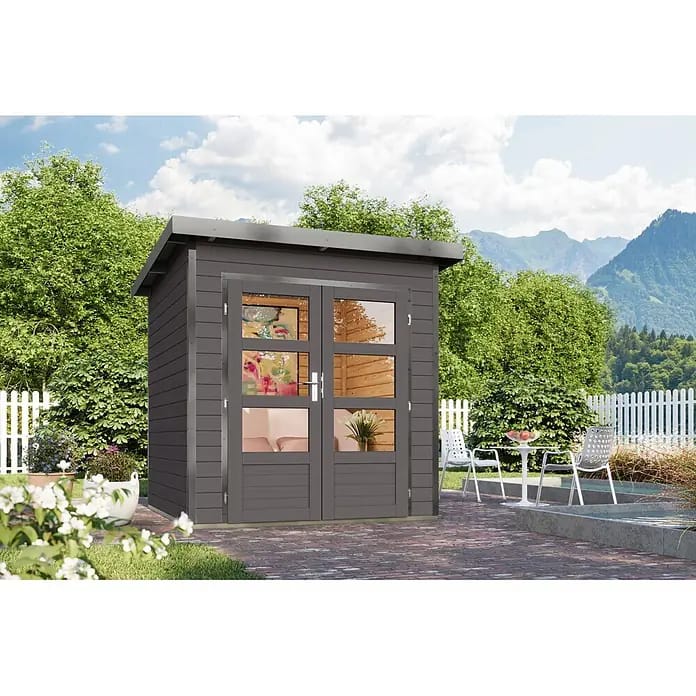 Karibu Gartenhaus Pluto 1 B (Außenmaß inkl. Dachüberstand (B x T): 229 x 228 cm, Holz, Terragrau/Grau)