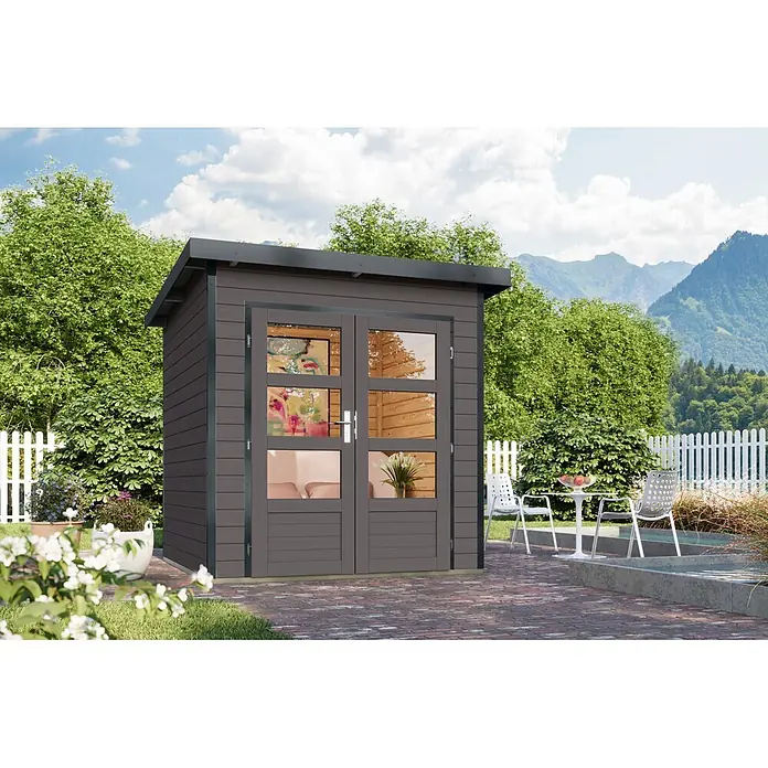 Karibu Gartenhaus Pluto 1 B (Außenmaß inkl. Dachüberstand (B x T): 229 x 228 cm, Holz, Terragrau/Anthrazit)