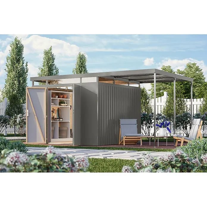 Karibu Gerätehaus Aurum 3,5 mit Anbaudach (Außenmaß inkl. Dachüberstand (B x T): 502,5 x 298 cm, Metall, Graualuminium)