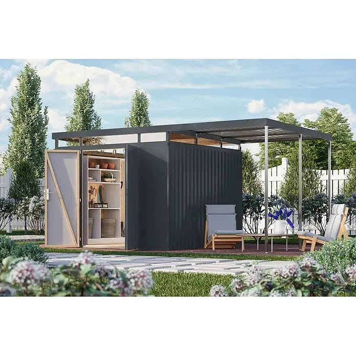 Karibu Gerätehaus Aurum 3,5 mit Anbaudach (Außenmaß inkl. Dachüberstand (B x T): 502,5 x 298 cm, Metall, Anthrazit)