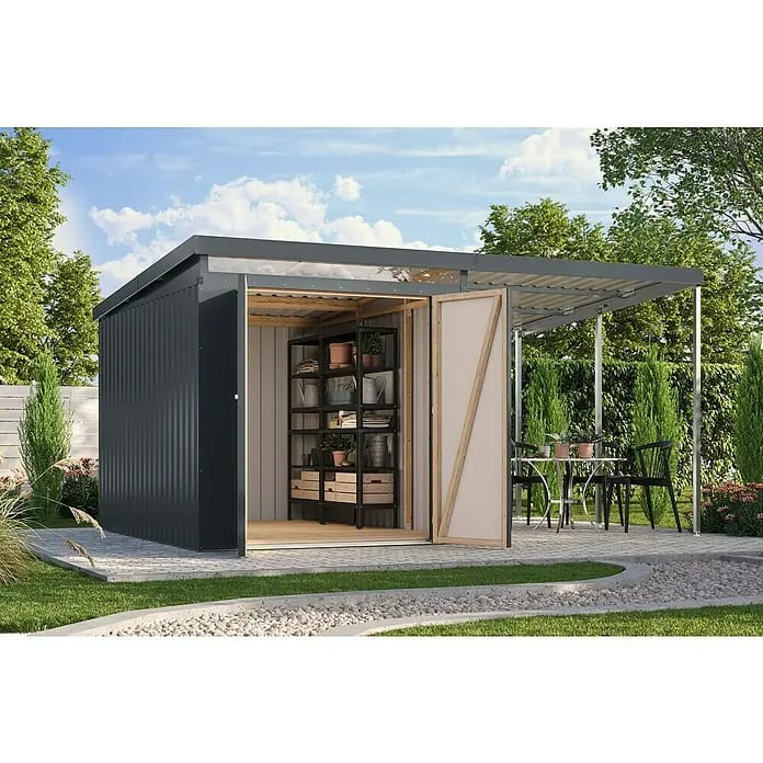 Karibu Gerätehaus Iridium 2,5 mit Anbaudach (Außenmaß inkl. Dachüberstand (B x T): 420 x 298 cm, Metall, Anthrazit)