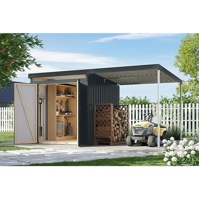 Karibu Gerätehaus Iridium 2 mit Anbaudach (Außenmaß inkl. Dachüberstand (B x T): 420 x 215 cm, Metall, Anthrazit)
