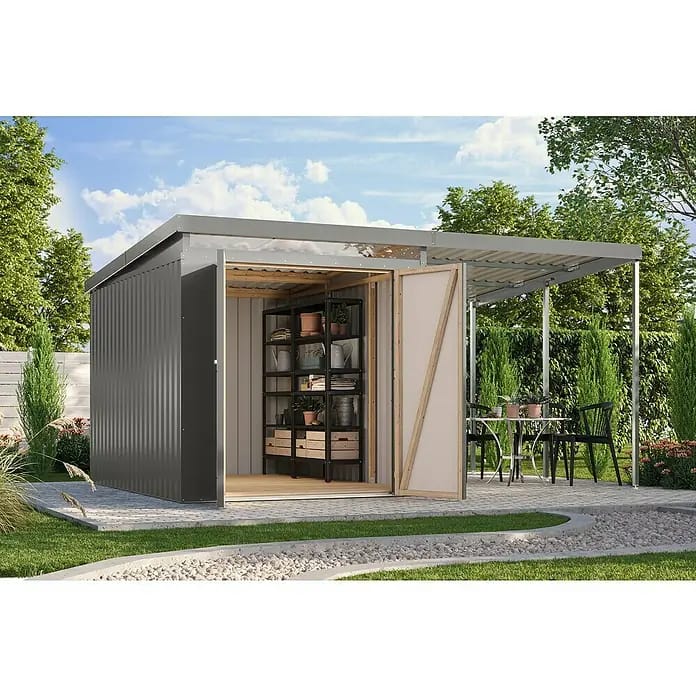 Karibu Gerätehaus Iridium 2,5 mit Anbaudach (Außenmaß inkl. Dachüberstand (B x T): 420 x 298 cm, Metall, Graualuminium)