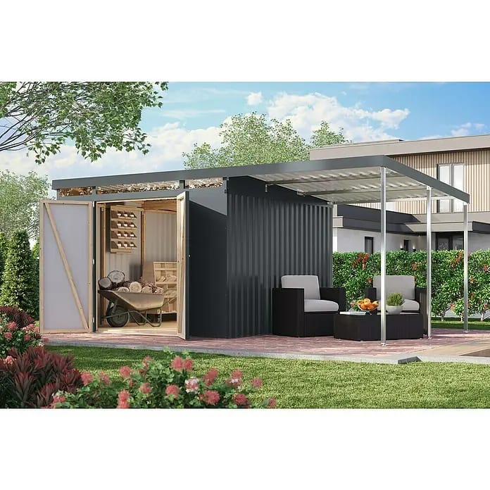 Karibu Gerätehaus Iridium 3,5 mit Anbaudach (Außenmaß inkl. Dachüberstand (B x T): 502,5 x 298 cm, Metall, Anthrazit)
