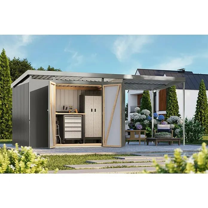 Karibu Gerätehaus Iridium 3 mit Anbaudach (Außenmaß inkl. Dachüberstand (B x T): 502,5 x 215 cm, Metall, Graualuminium)