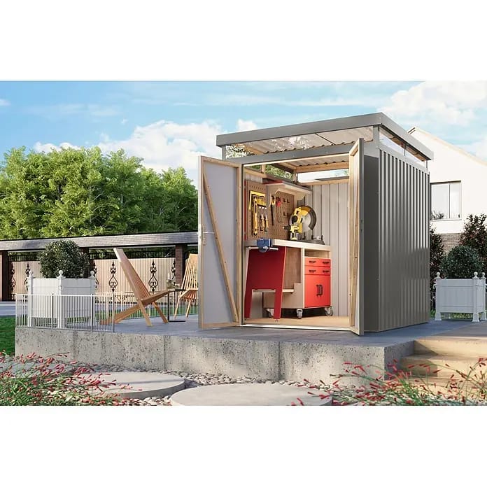 Karibu Gerätehaus Aurum 2 (Außenmaß inkl. Dachüberstand (B x T): 215 x 215 cm, Metall, Graualuminium)