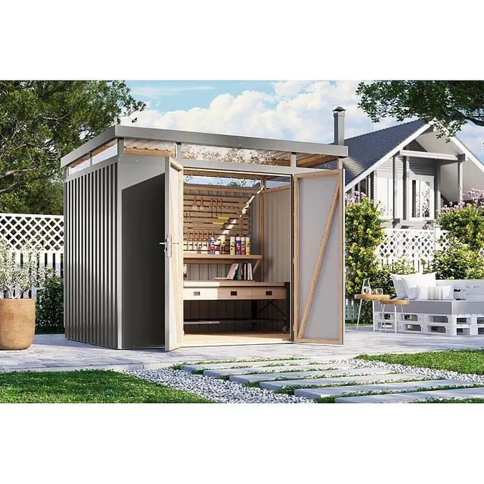 Karibu Gerätehaus Aurum 3 (Außenmaß inkl. Dachüberstand (B x T): 298 x 215 cm, Metall, Graualuminium)