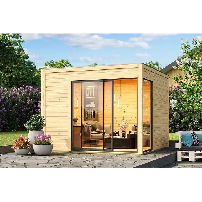 Karibu Gartenhaus Dice 1 (Außenmaß inkl. Dachüberstand (B x T): 308 x 308 cm, Holz, Naturbelassen)