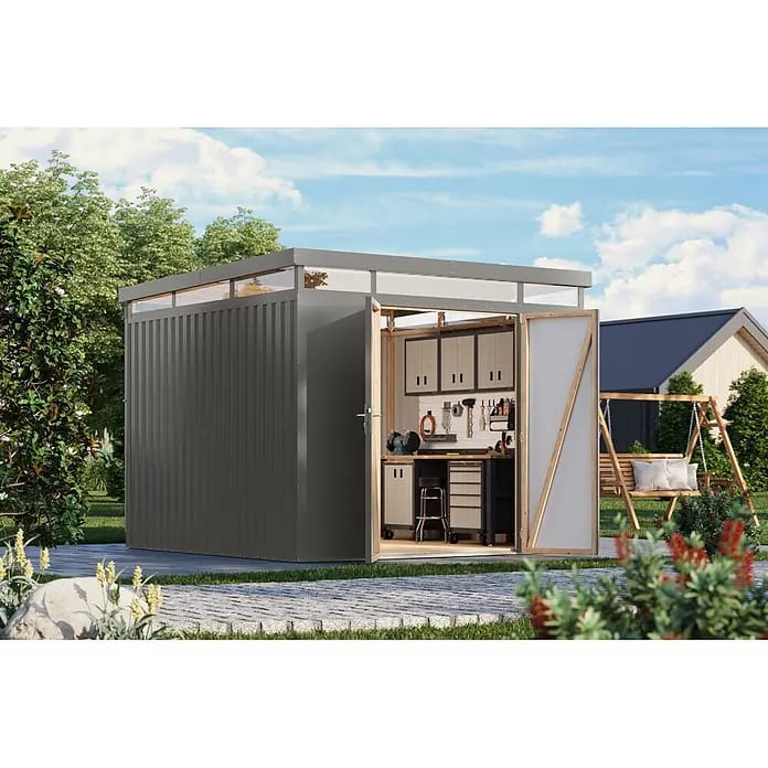 Karibu Gerätehaus Aurum 3,5 (Außenmaß inkl. Dachüberstand (B x T): 298 x 298 cm, Metall, Graualuminium)
