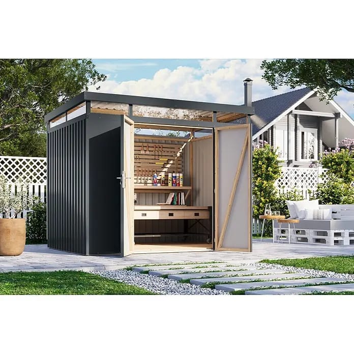 Karibu Gerätehaus Aurum 3 (Außenmaß inkl. Dachüberstand (B x T): 298 x 215 cm, Metall, Anthrazit)