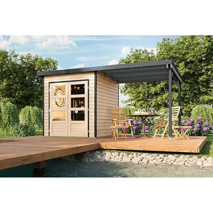 Karibu Gartenhaus Pluto 1 A (Außenmaß inkl. Dachüberstand (B x T): 447 x 228 cm, Holz, Naturbelassen/Anthrazit)