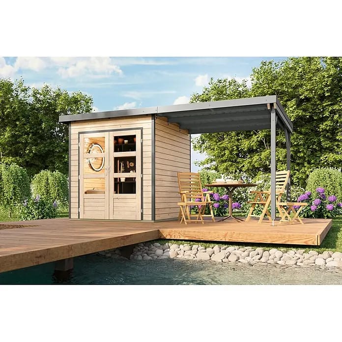 Karibu Gartenhaus Pluto 1 A (Außenmaß inkl. Dachüberstand (B x T): 447 x 228 cm, Holz, Naturbelassen/Grau)