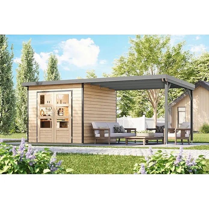 Karibu Gartenhaus Pluto 3 A (Außenmaß inkl. Dachüberstand (B x T): 561 x 266 cm, Holz, Naturbelassen/Grau)