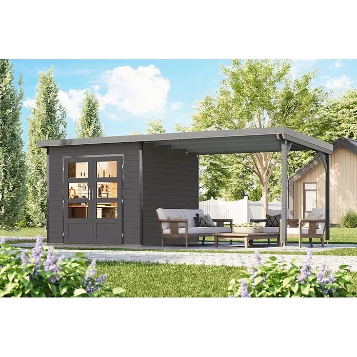 Karibu Gartenhaus Pluto 3 B (Außenmaß inkl. Dachüberstand (B x T): 561 x 266 cm, Holz, Terragrau/Grau)
