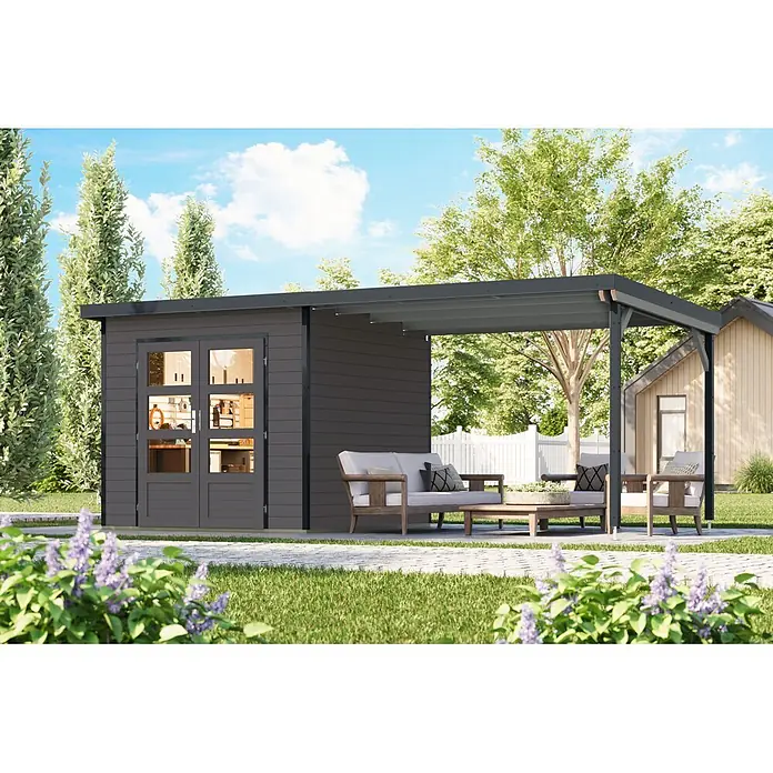 Karibu Gartenhaus Pluto 3 B (Außenmaß inkl. Dachüberstand (B x T): 561 x 266 cm, Holz, Terragrau/Anthrazit)