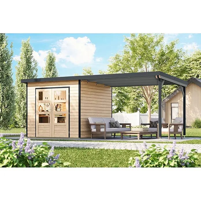 Karibu Gartenhaus Pluto 3 A (Außenmaß inkl. Dachüberstand (B x T): 561 x 266 cm, Holz, Naturbelassen/Anthrazit)