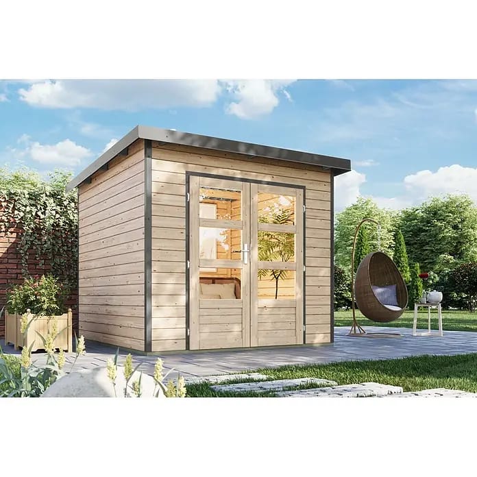 Karibu Gartenhaus Pluto 3 A (Außenmaß inkl. Dachüberstand (B x T): 267 x 266 cm, Holz, Naturbelassen/Grau)