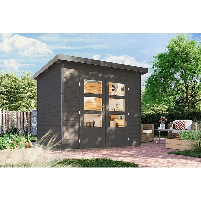 Karibu Gartenhaus Pluto 2 B (Außenmaß inkl. Dachüberstand (B x T): 267 x 228 cm, Holz, Terragrau/Grau)
