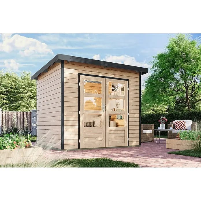 Karibu Gartenhaus Pluto 2 A (Außenmaß inkl. Dachüberstand (B x T): 267 x 228 cm, Holz, Naturbelassen/Anthrazit)