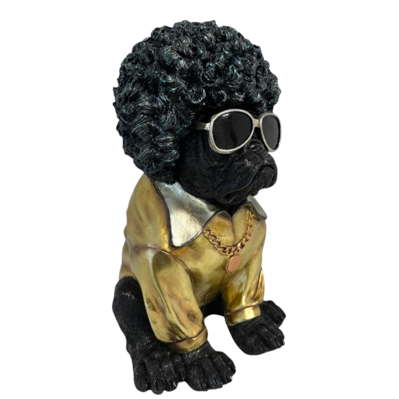 Dekofigur Hund mit Afrofrisur & Sonnenbrille 29,5 x 19 cm schwarz/gold