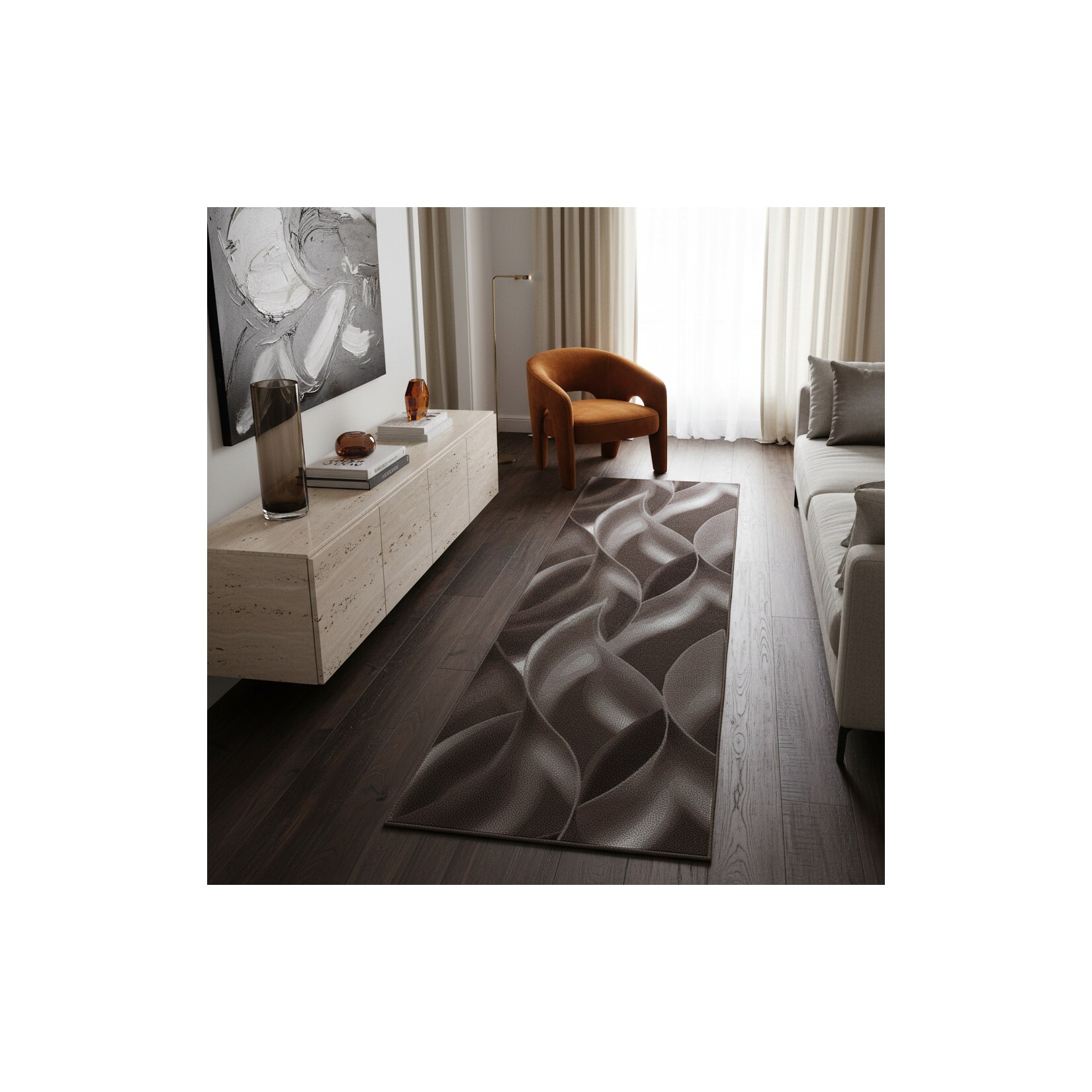 Teppich Kurzflor INN in Braun, mit abstraktem Wellenmuster, 80 x 300 cm