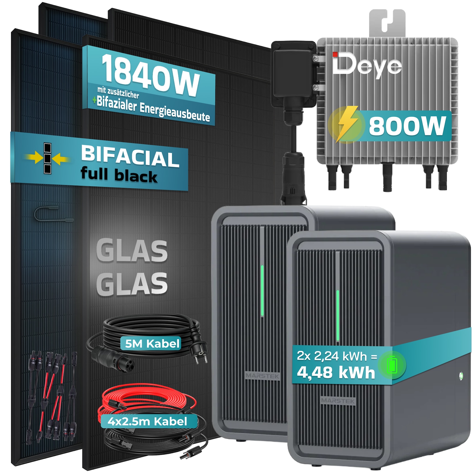 SUNNIVA® 1840W Balkonkraftwerk Deye mit 4,48 kWh Speicher Marstek B2500-D, BIFAZIAL FULLBLACK komplett Steckdose, PV Solaranlage Komplettset mit Solarspeicher, 4x 460W N-Type Glas-Glas Bifacial Module