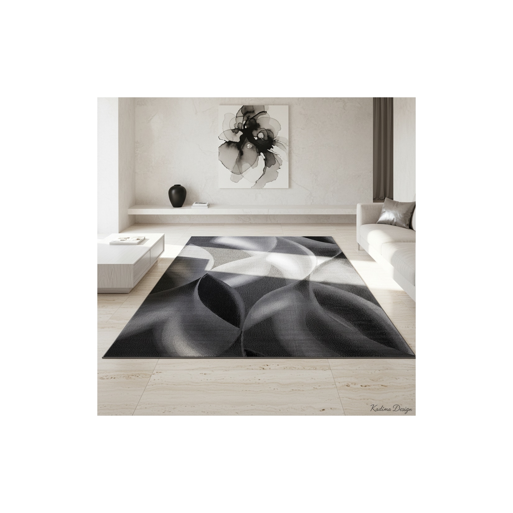 Teppich Kurzflor INN in Schwarz, mit abstraktem Wellenmuster, 240 x 340 cm