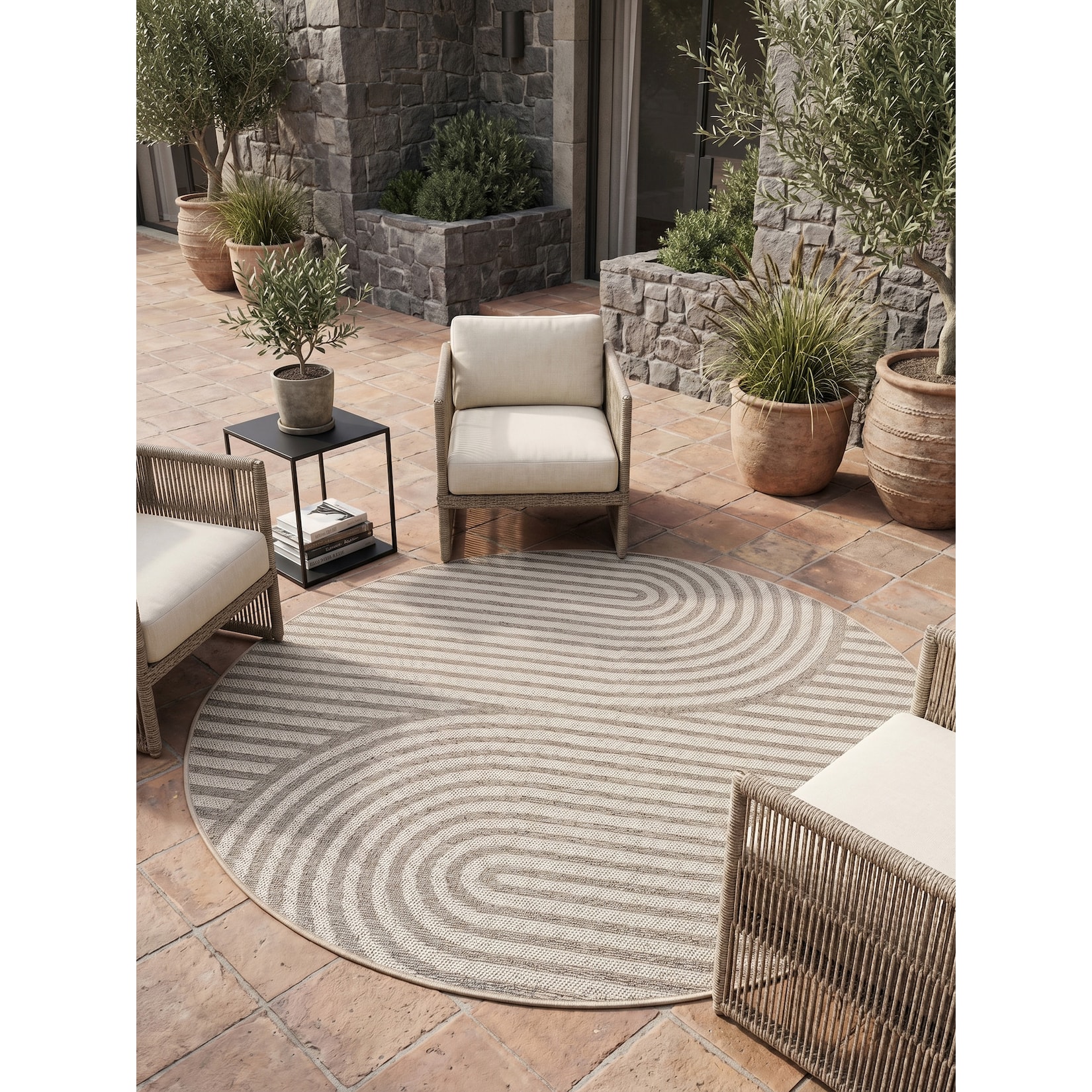 Teppich Outdoor VENTOUX in Beige, im Boho-Stil, Ø 160 cm