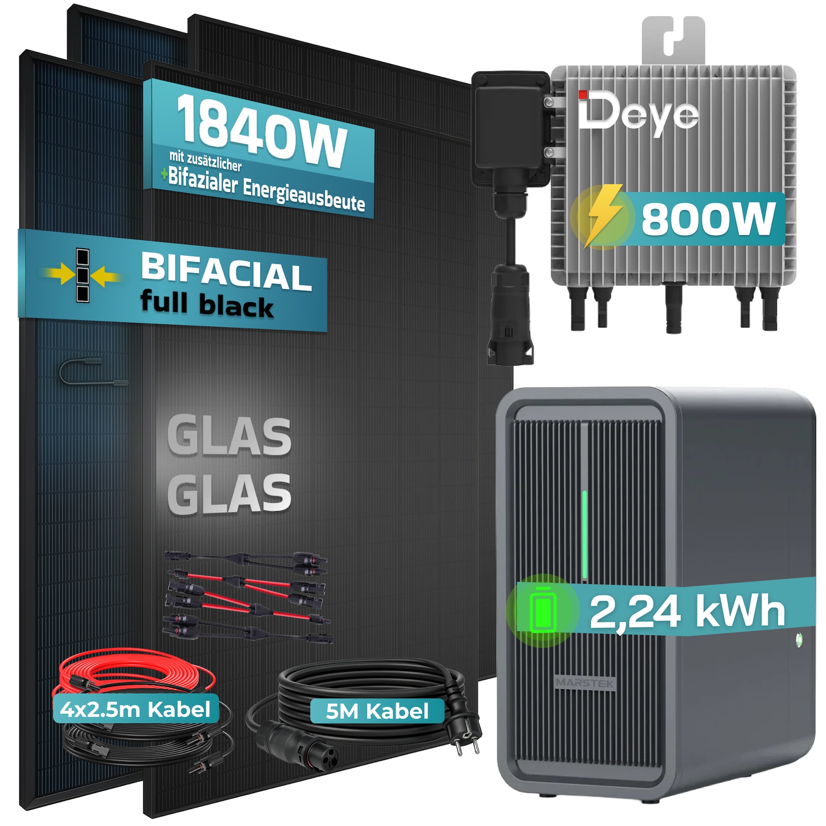 SUNNIVA® 1840W Balkonkraftwerk Deye mit 2,24 kWh Speicher Marstek B2500-D, BIFAZIAL FULLBLACK komplett Steckdose, PV Solaranlage Komplettset mit Solarspeicher, 4x 460W N-Type Glas-Glas Bifacial Module