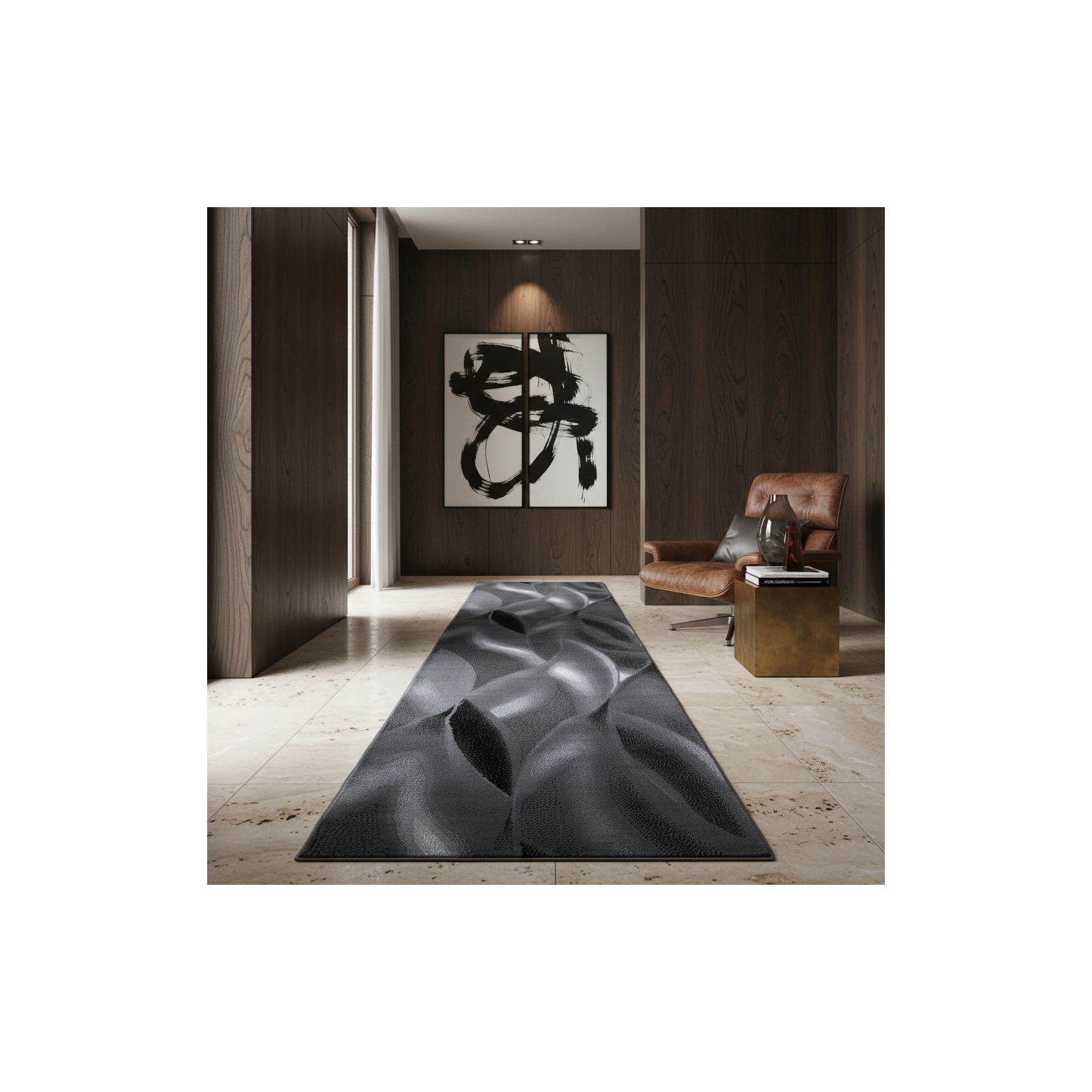 Teppich Kurzflor INN in Schwarz, mit abstraktem Wellenmuster, 80 x 300 cm