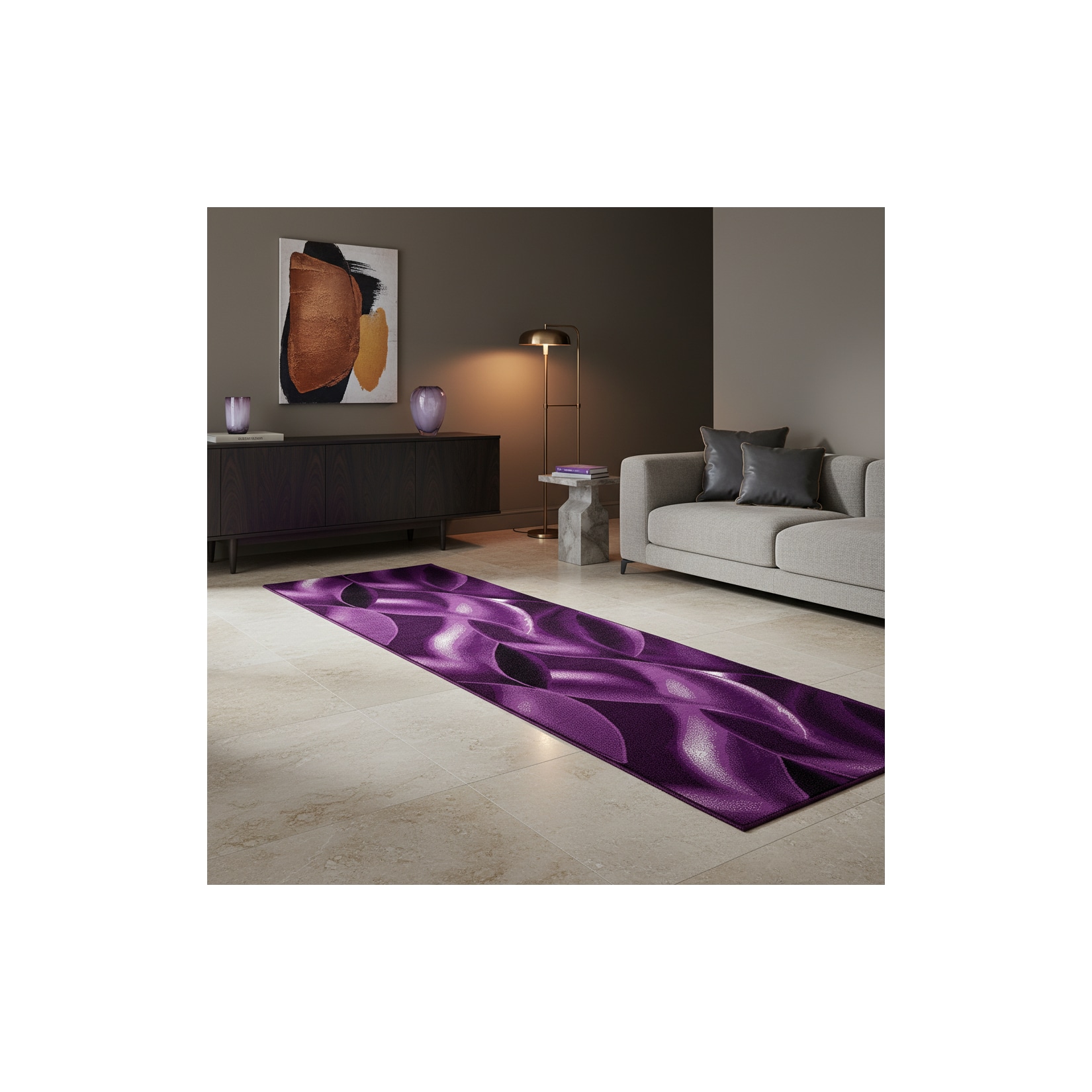 Teppich Kurzflor INN in Violett, mit abstraktem Wellenmuster, 80 x 300 cm