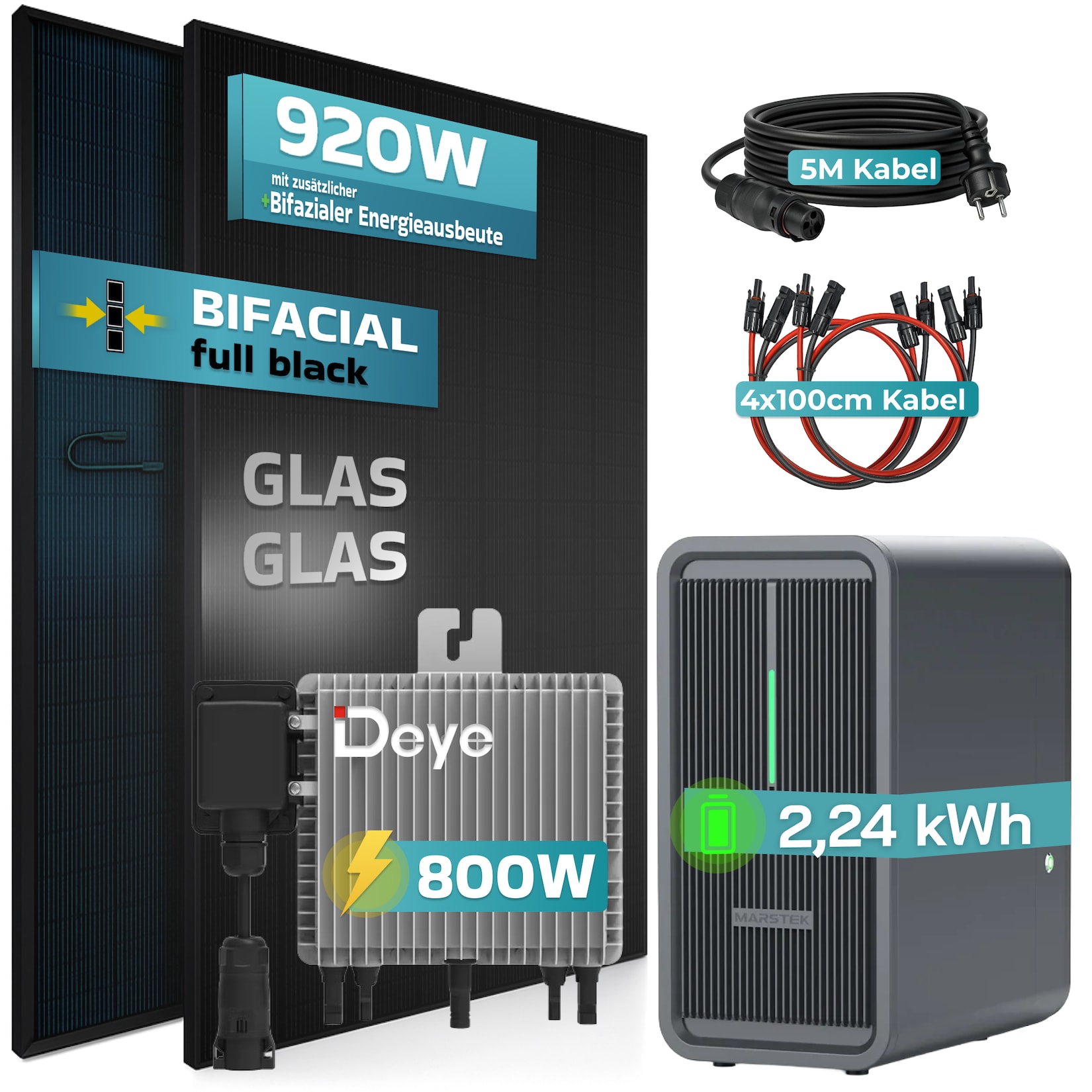 SUNNIVA® 920W Balkonkraftwerk Deye mit 2,24 kWh Speicher Marstek B2500-D, BIFAZIAL FULLBLACK komplett Steckdose, PV Solaranlage Komplettset mit Solarspeicher, 2x 460W N-Type Glas-Glas Bifacial Module