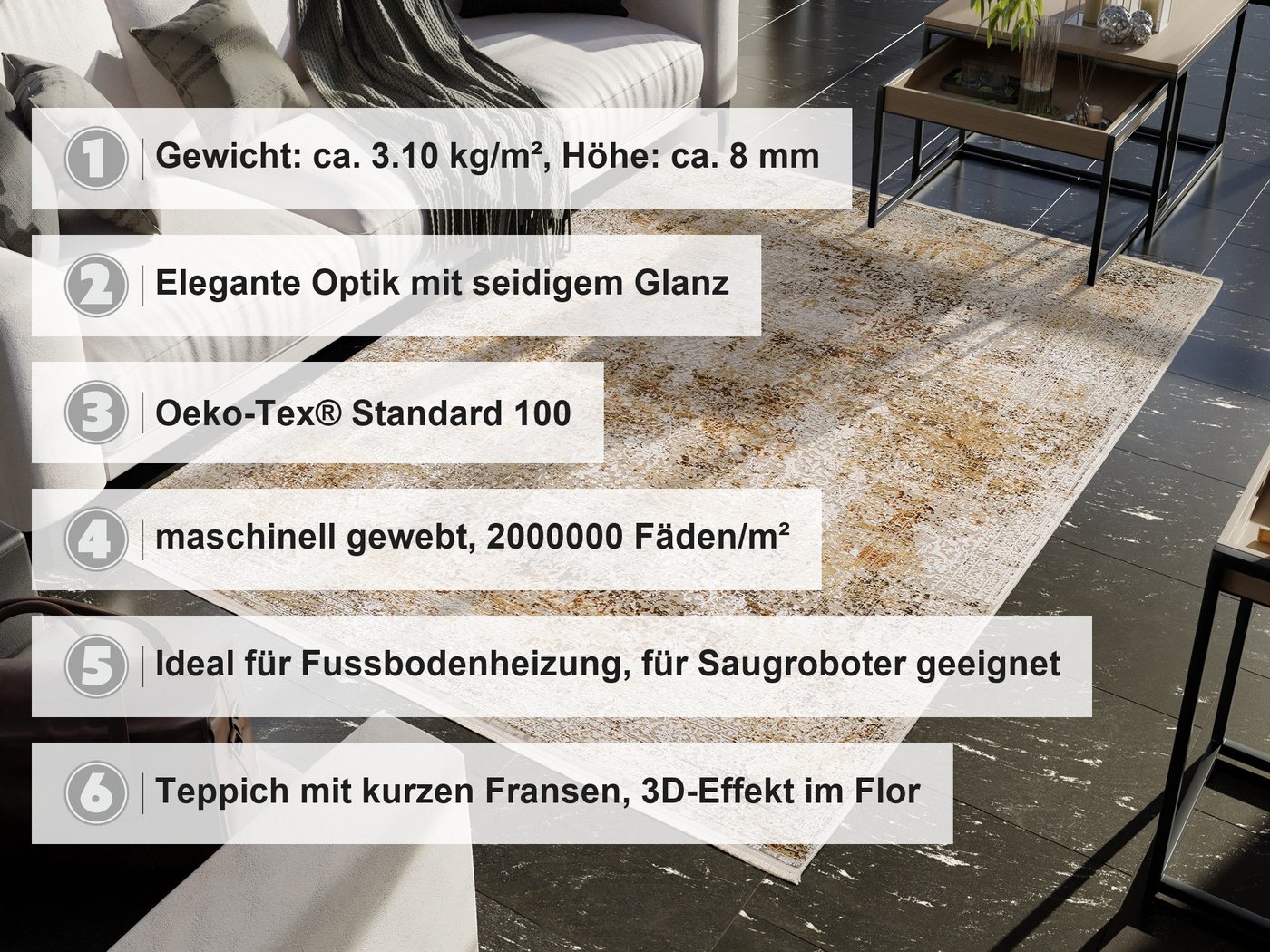 OCI DIE TEPPICHMARKE Teppich BESTELLER CAVA, auch als Läufer und in Rund, rechteckig, Höhe: 8 mm, Glanz Viskose, mit Fransen, Hoch Tief Struktur, Vintage, Wohnzimmer Bild 3