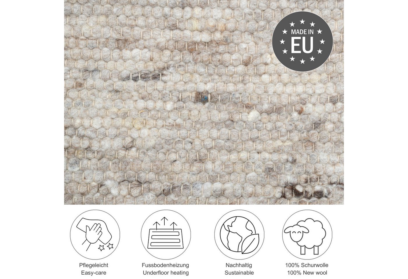 OTTO home Wollteppich Greith, Handwebteppich, rechteckig, Höhe: 12 mm, reine Wolle, meliert, handgewebt, Wendeteppich, Scandi, Wohnzimmer