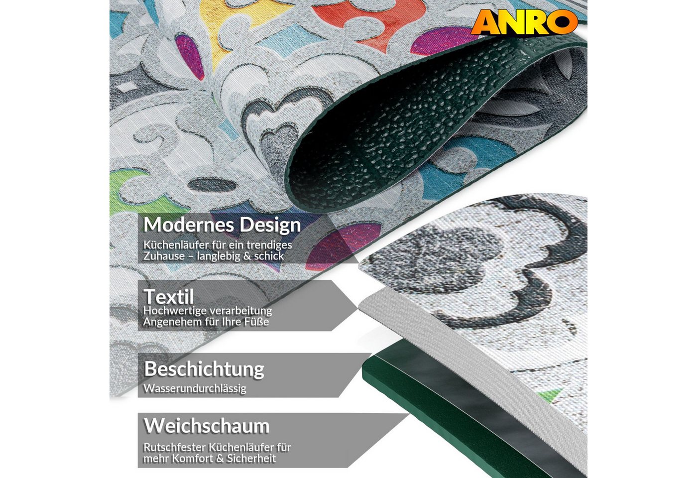 ANRO Küchenläufer GreenLine Teppichläufer Textil, Rechteckig, Höhe: 3 mm, Bodenläufer 100cm Valentina Grau pflegeleicht Bild 2