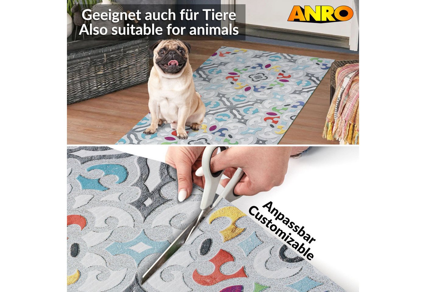 ANRO Küchenläufer GreenLine Teppichläufer Textil, Rechteckig, Höhe: 3 mm, Bodenläufer 100cm Valentina Grau pflegeleicht Bild 3