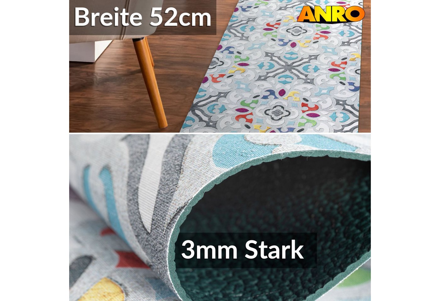 ANRO Küchenläufer GreenLine Teppichläufer Textil, Rechteckig, Höhe: 3 mm, Bodenläufer 100cm Valentina Grau pflegeleicht Bild 5