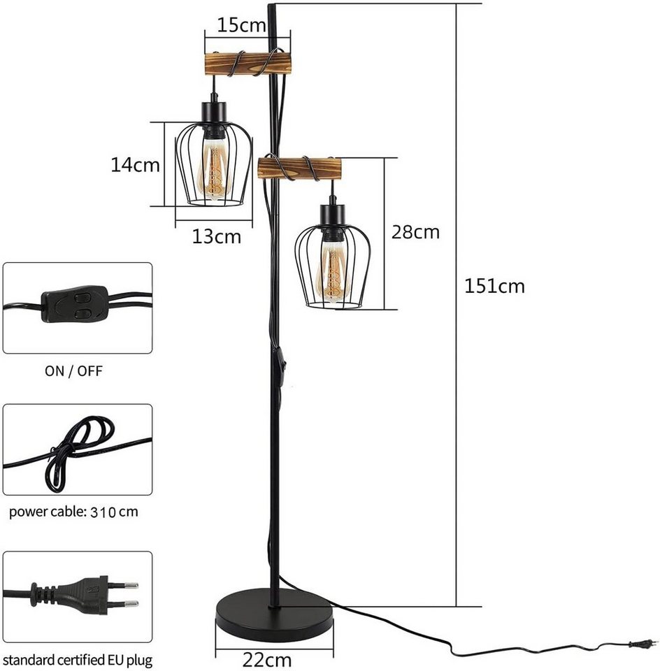 ZMH Stehlampe Vintage Wohnzimmer 2 Flammige Stehleuchte Industrial Design Flur Hotel, Einfache Installtion, ohne Leuchtmittel