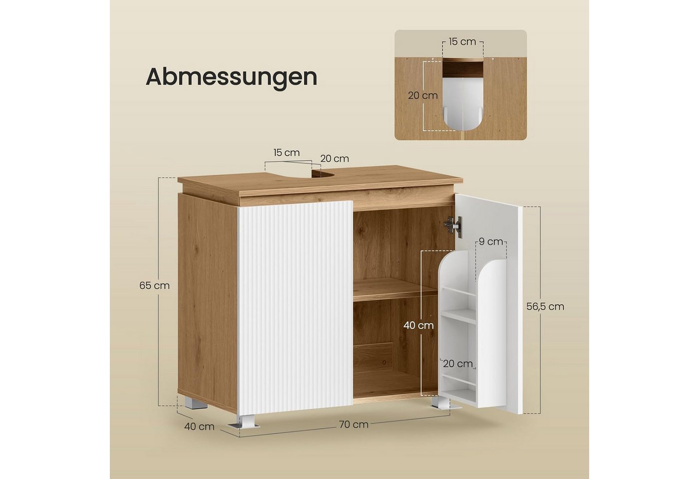 EUGAD Badkommode (1 St), Waschbeckenunterschrank, 2 Fächer, 70 x 40 x 65 cm