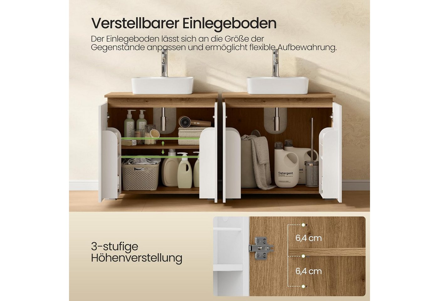 EUGAD Badkommode (1 St), Waschbeckenunterschrank, 2 Fächer, 70 x 40 x 65 cm Bild 3