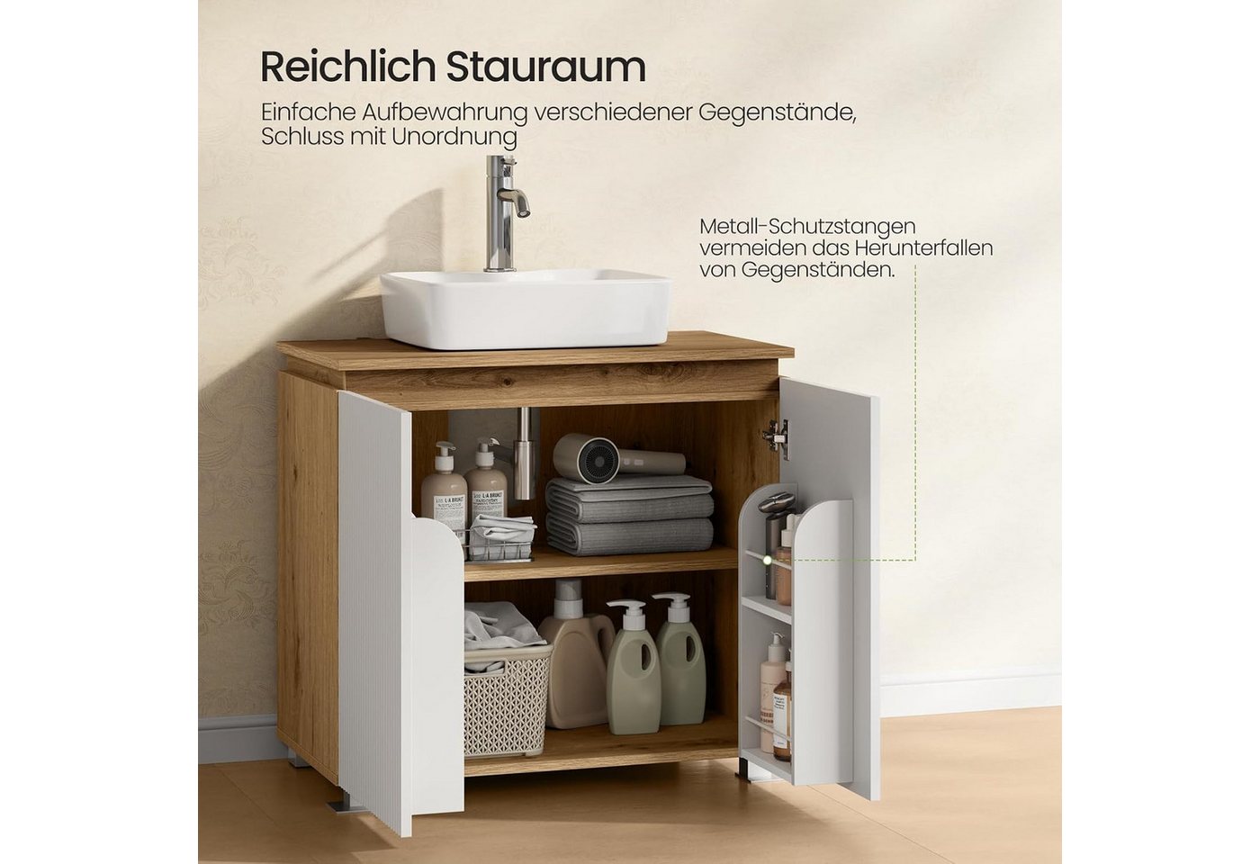 EUGAD Badkommode (1 St), Waschbeckenunterschrank, 2 Fächer, 70 x 40 x 65 cm Bild 4