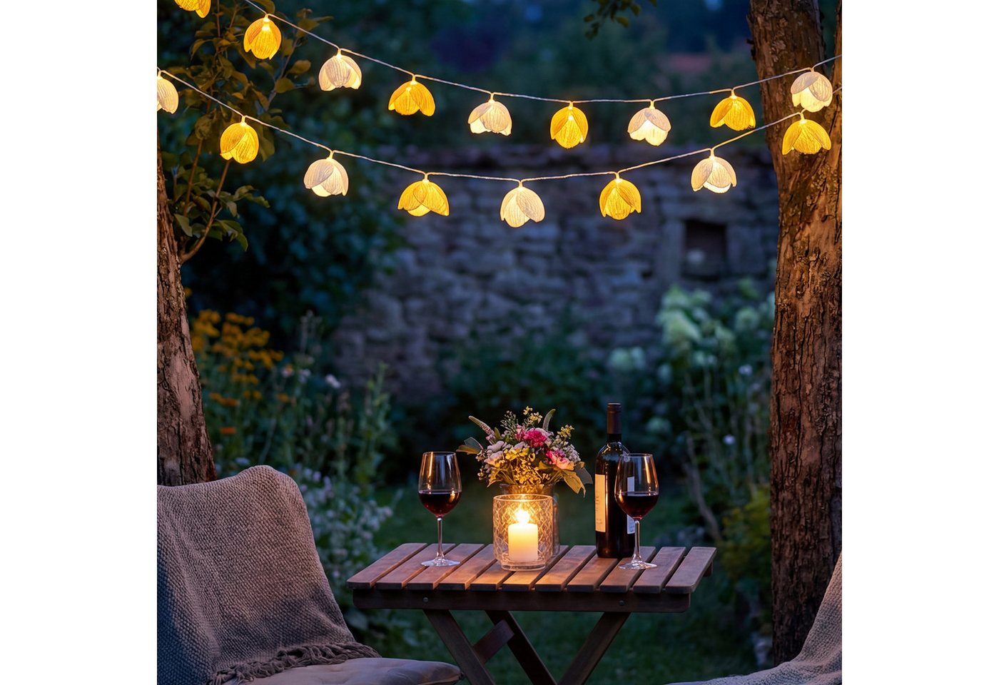 MARELIDA LED-Lichterkette Blumen Blumengirlande 15 weiße u. gelbe Blüten Timer L: 1,4m Außen, 15-flammig Bild 3