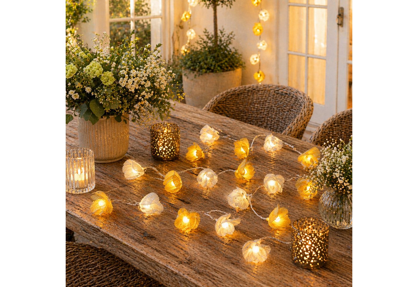 MARELIDA LED-Lichterkette Blumen Blumengirlande 15 weiße u. gelbe Blüten Timer L: 1,4m Außen, 15-flammig Bild 4