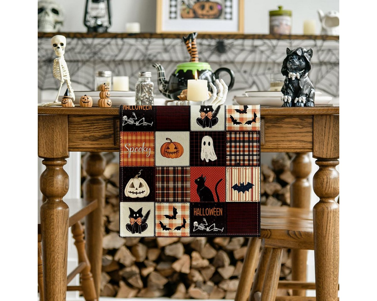 Bomiclss Tischläufer Halloween Tischläufer mit schwarzer Katze, Fledermaus- und Kürbismotiv, Tischdekoration für Halloween, Party und Esstisch Bild 2