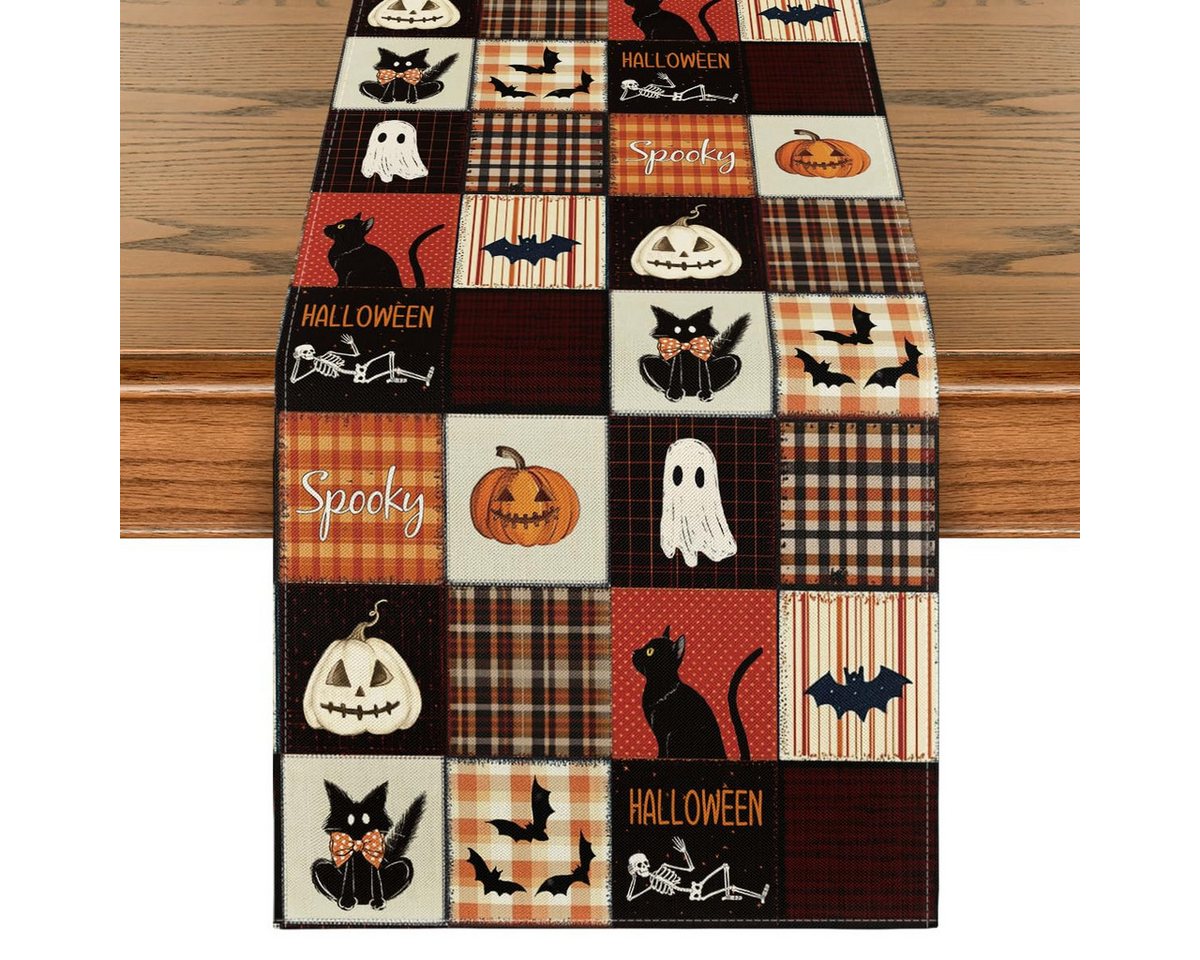 Bomiclss Tischläufer Halloween Tischläufer mit schwarzer Katze, Fledermaus- und Kürbismotiv, Tischdekoration für Halloween, Party und Esstisch Bild 4